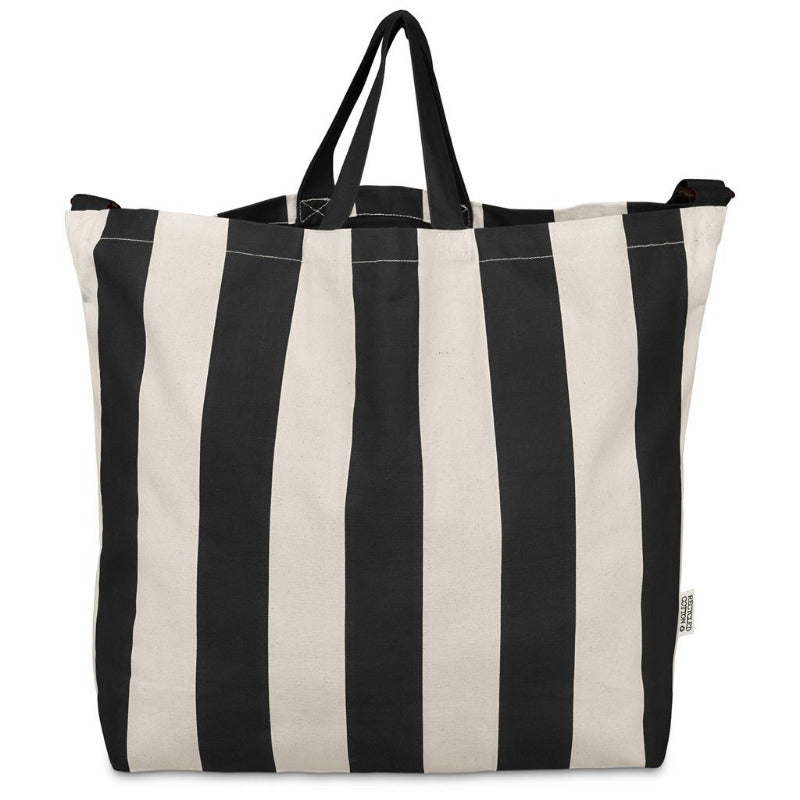 Black and white striped tote bag on a white background