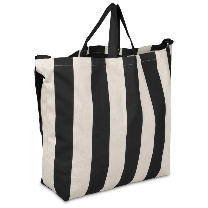 Black and white striped tote bag on a white background