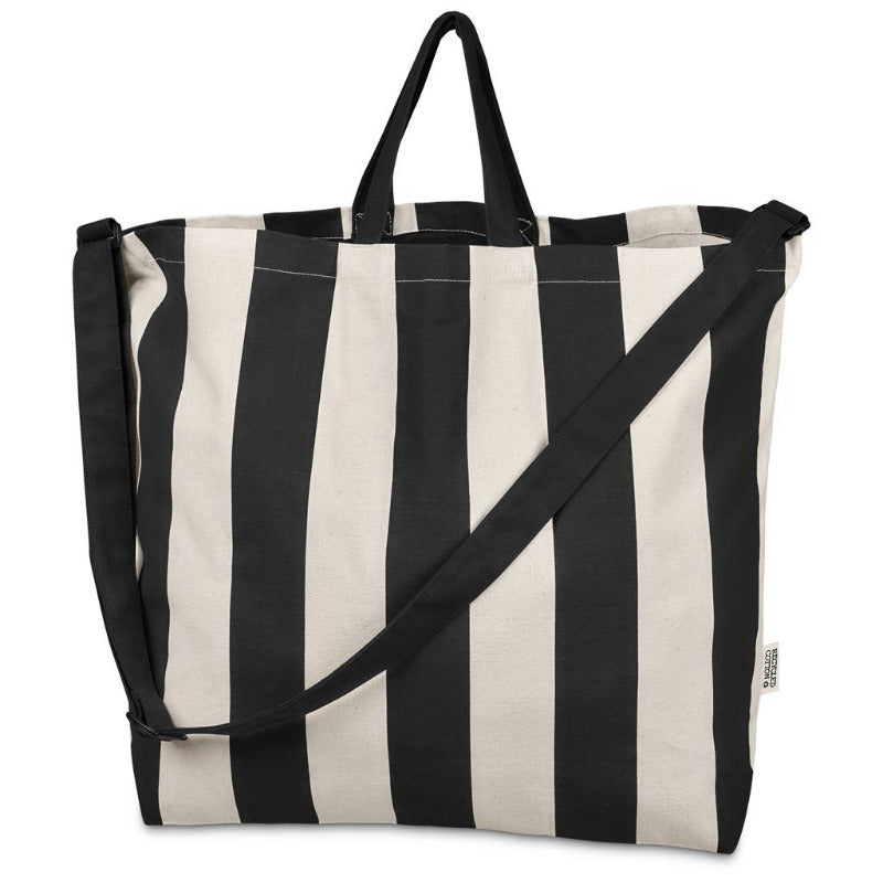Black and white striped tote bag on a white background