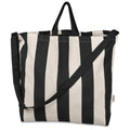 Black and white striped tote bag on a white background