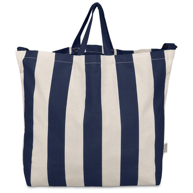 Navy and white striped tote bag on a white background