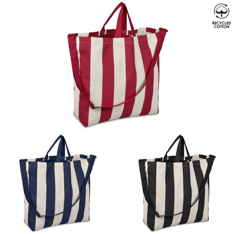 Three striped tote bags in red and white, navy and white, and black and white on a white background.