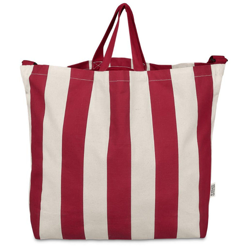 Red and white striped tote bag on a white background