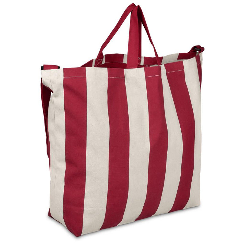 Red and white striped tote bag on a white background