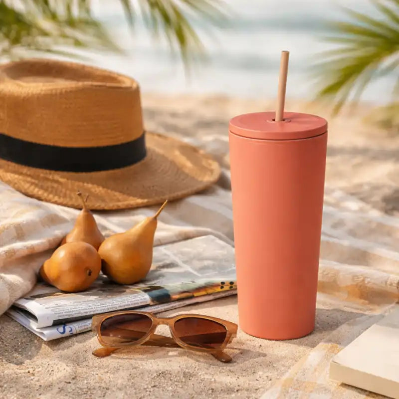 Coral-colored tumbler with straw, sunglasses, and pears on a beach setting