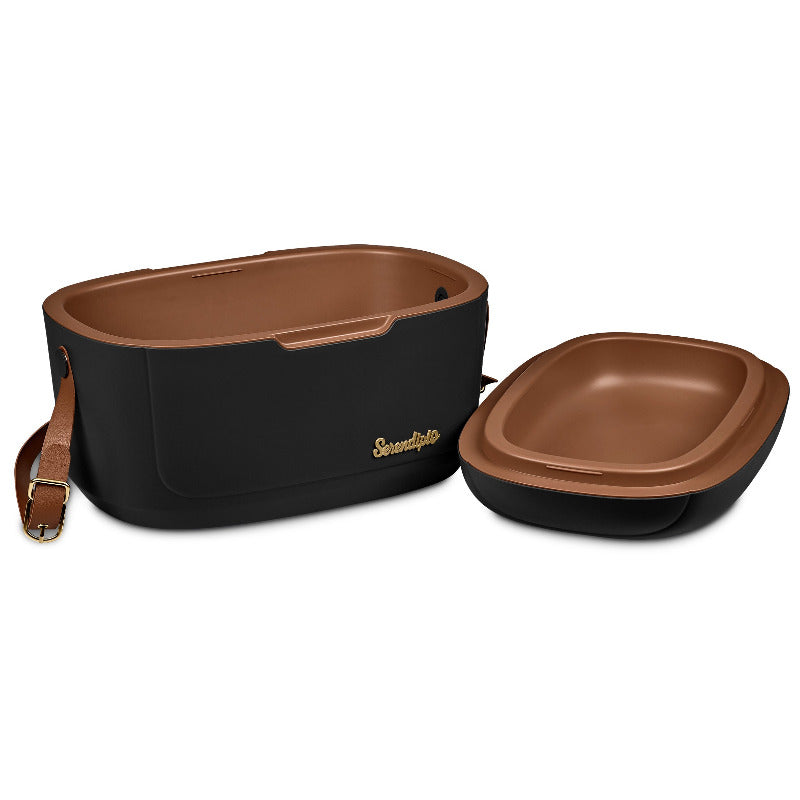 Black and brown hard cooler with a strap on a white background