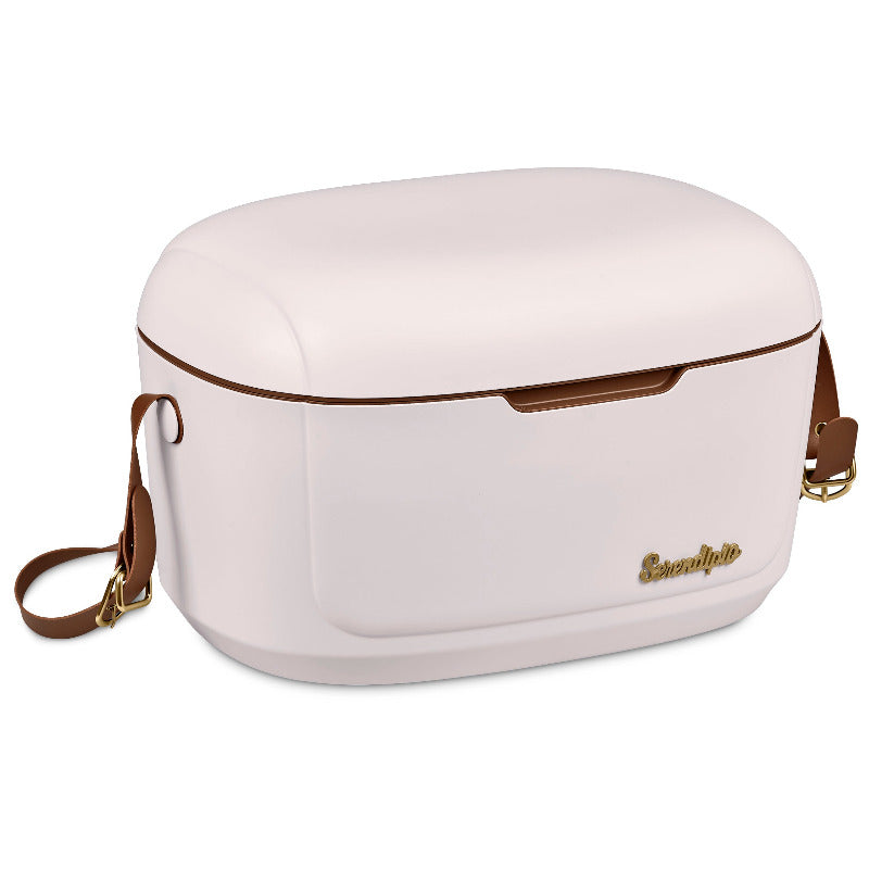 Black hard plastic cooler box with  tan vegan leather strap on white background
