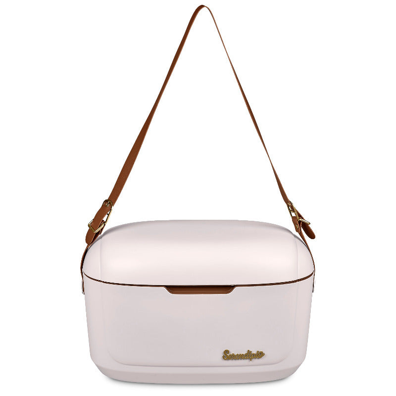 White hard plastic cooler box with long tan vegan leather strap on white background