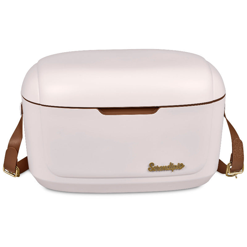 White cooler bag with brown straps on a white background