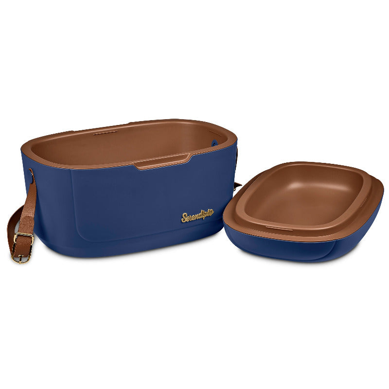 Blue and brown hard plastic cooler with strap on a white background
