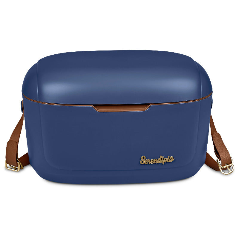 Navy hard plastic cooler box with tan vegan leather strap on white background