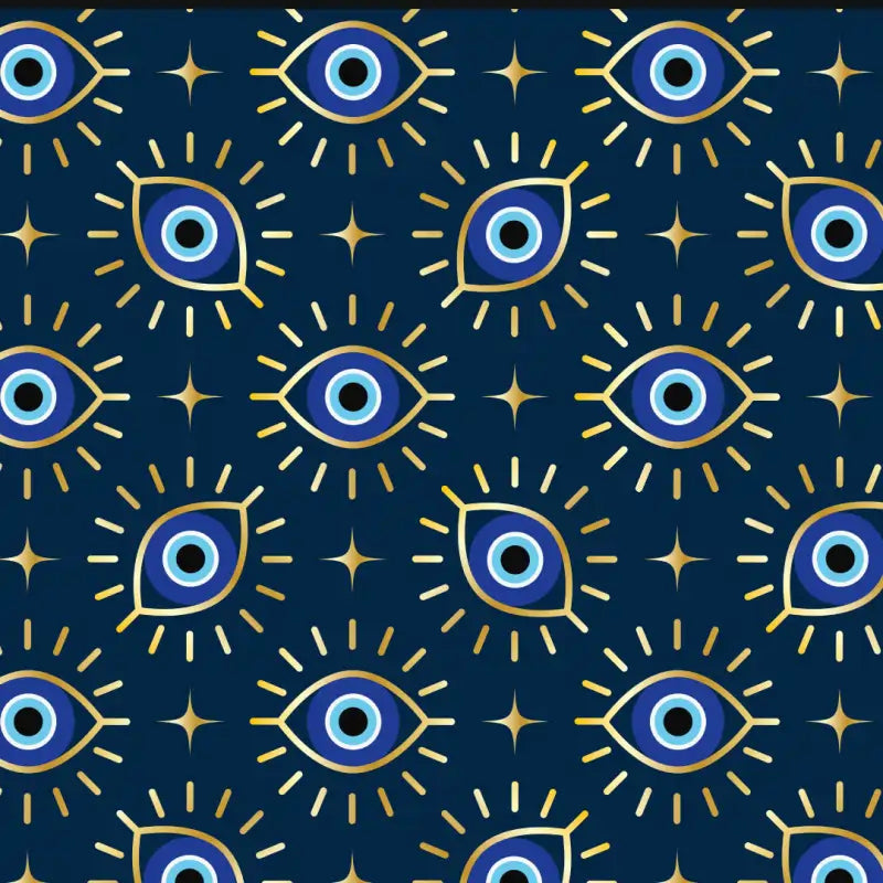 Pattern of evil eyes and stars on a blue background