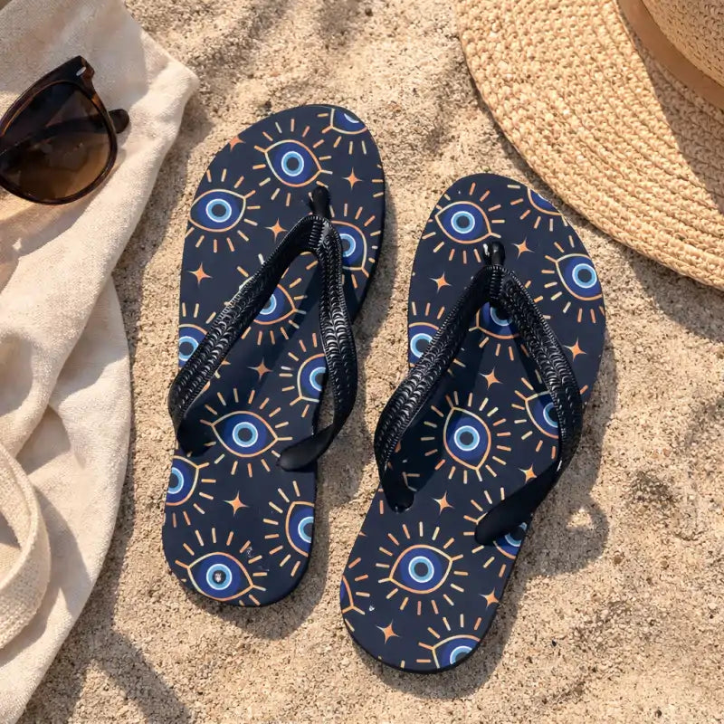 Black flip-flops with evil eye pattern on a sandy surface, accompanied by sunglasses and a hat.
