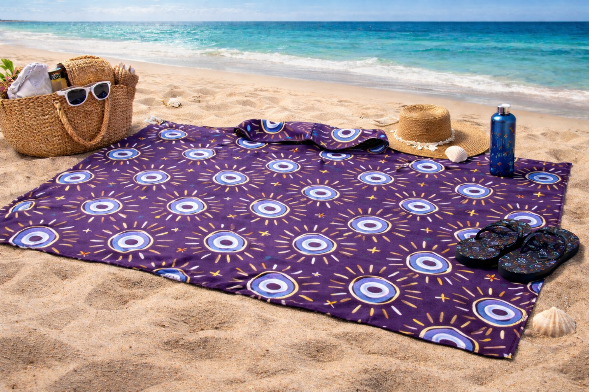 Beach scene with a Good Vibes Only TowelTote, hat, sandals, and bag on sand near ocean.