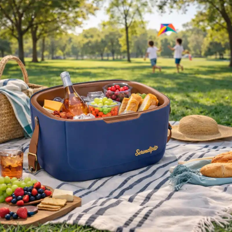 Blue picnic basket with food on a blanket in a park with children playing in the background