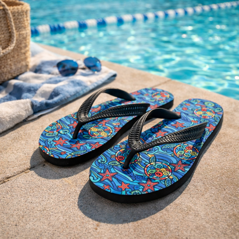 Colorful flip-flops with turtle and starfish pattern on a poolside surface