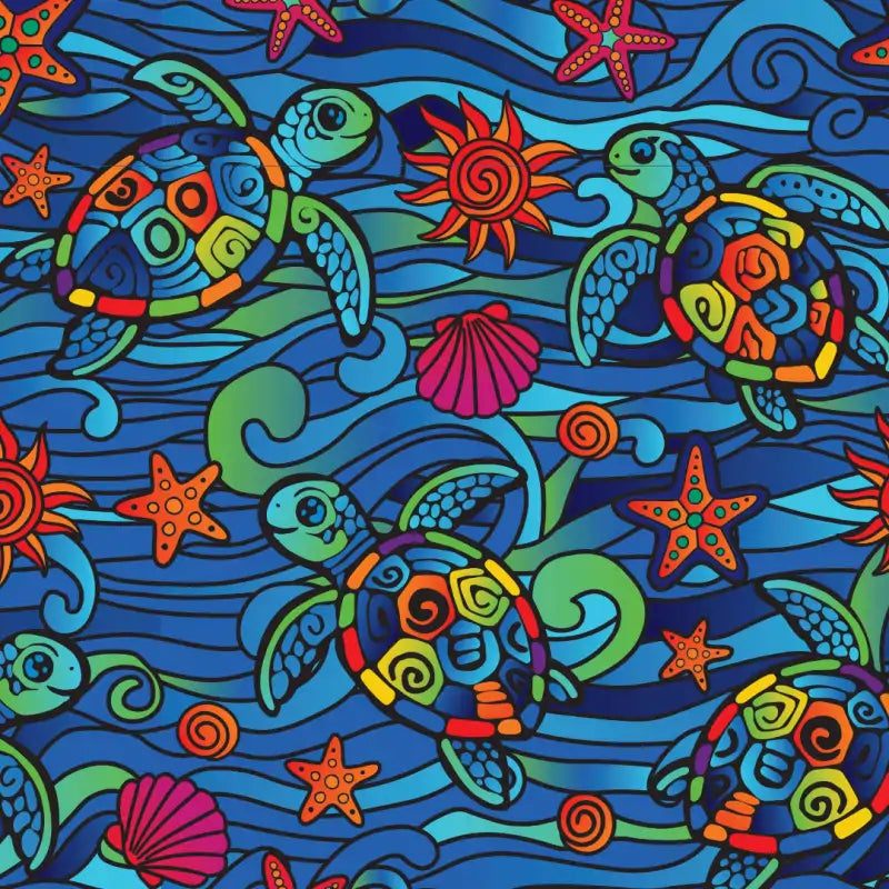 Colorful pattern of turtles, starfish, and shells on a blue background