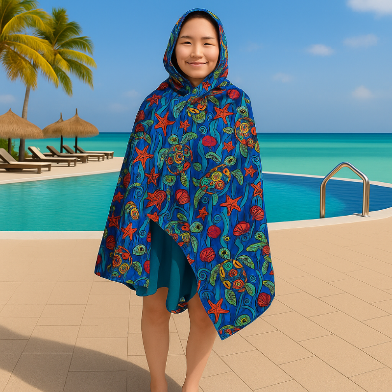 Person wearing a colorful hooded towel by a pool with palm trees and blue sky in the background