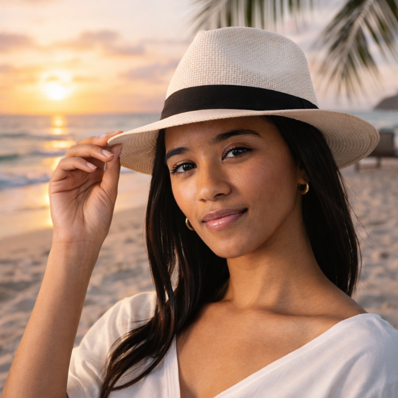 Woman wearing a white panama straw hat on a beach at sunset