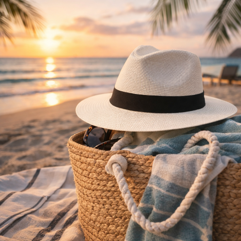 White hat with black band on a woven bag on a beach at sunset