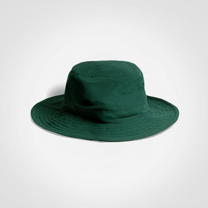 Bottle green wide brim hat on a white background