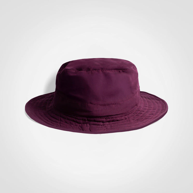 Burgundy wide brim hat on a white background