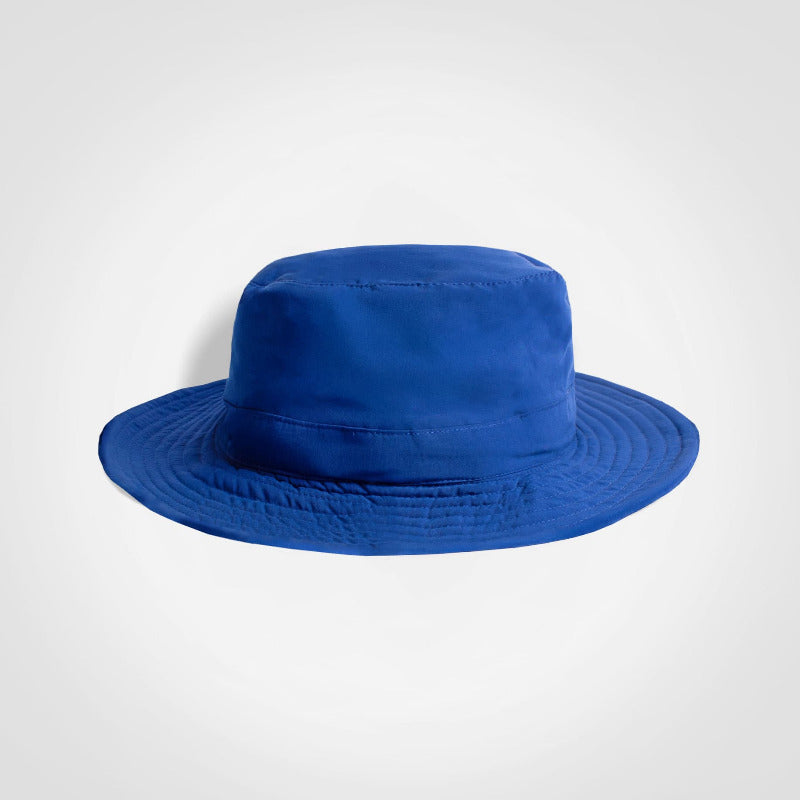 Royal blue wide brim hat on a white background