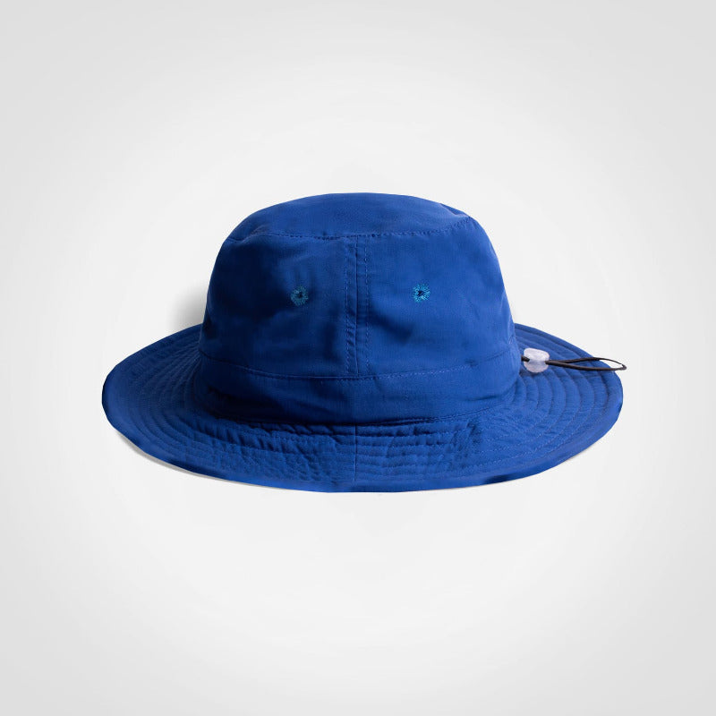 Blue wide brim hat with toggle on a white background