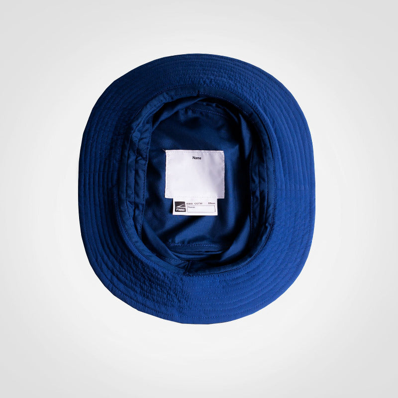 Blue wide brim hat with a name label inside on a white background