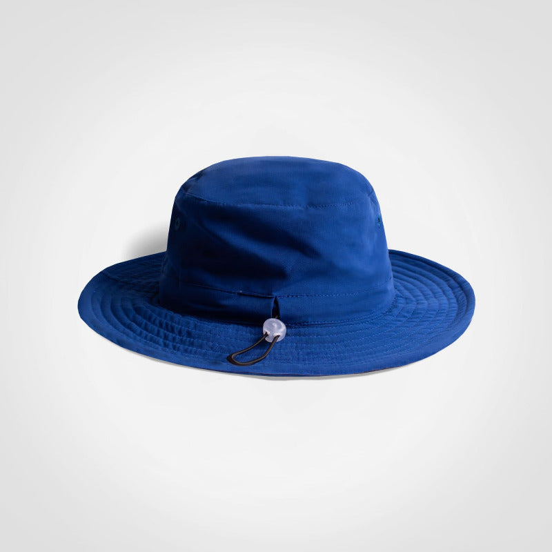 Blue wide brim hat with adjustable toggle  on a white background