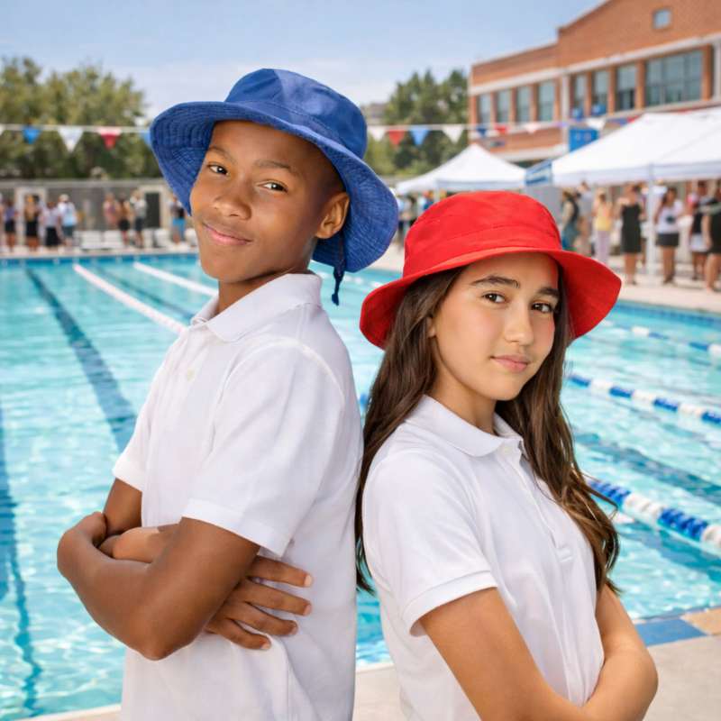Two children wearing colorful hats standing by a pool with a building and people in the background.