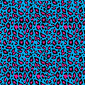Leopard print pattern with pink and black spots on a blue background