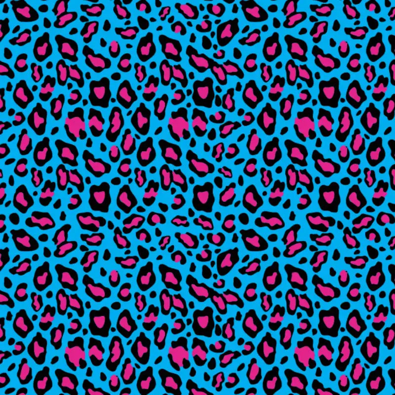 Leopard print pattern with pink and black spots on a blue background