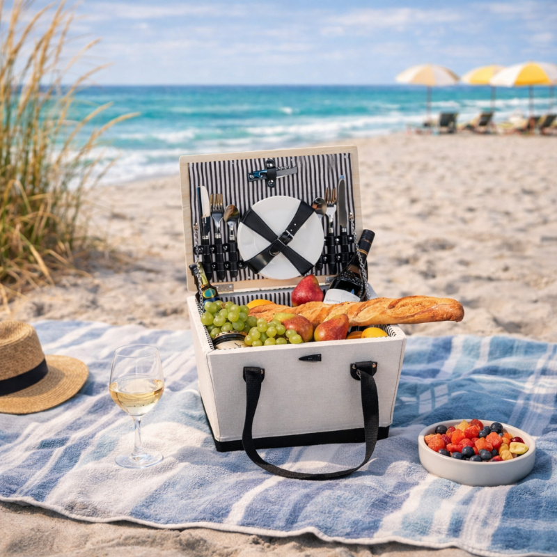 Picnic basket with food and drinks on a beach blanket by the ocean